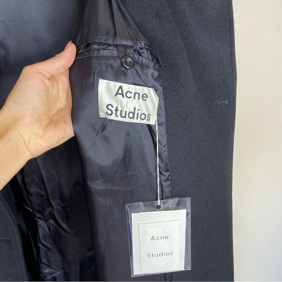 NWT Acne Studios Omana Wool Trech Black Pea Coat Fake Fur Collar Size 6 - Picture 9 of 11